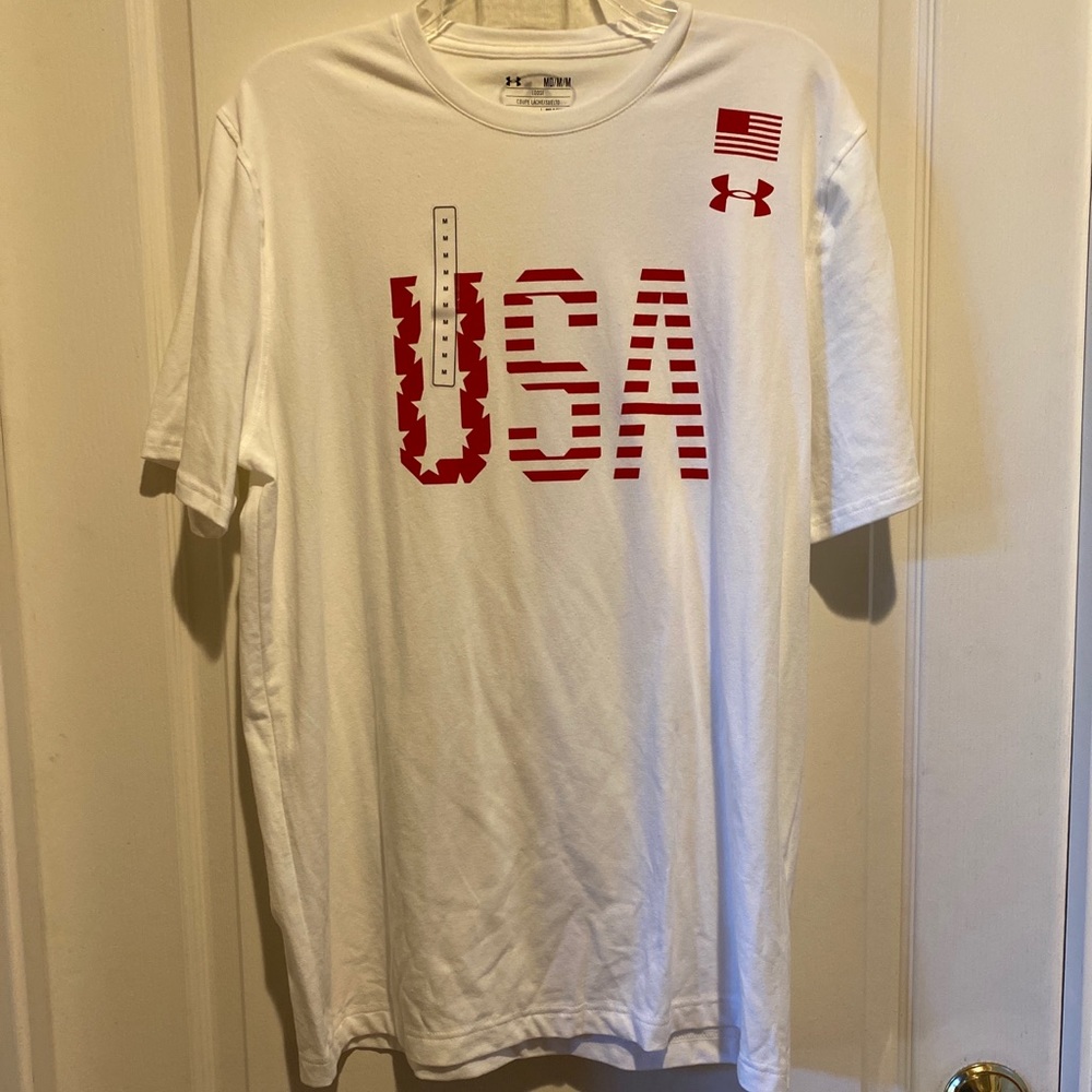 UNDER ARMOUR Logo USA T-Shirt M Medium White Red NWT $25